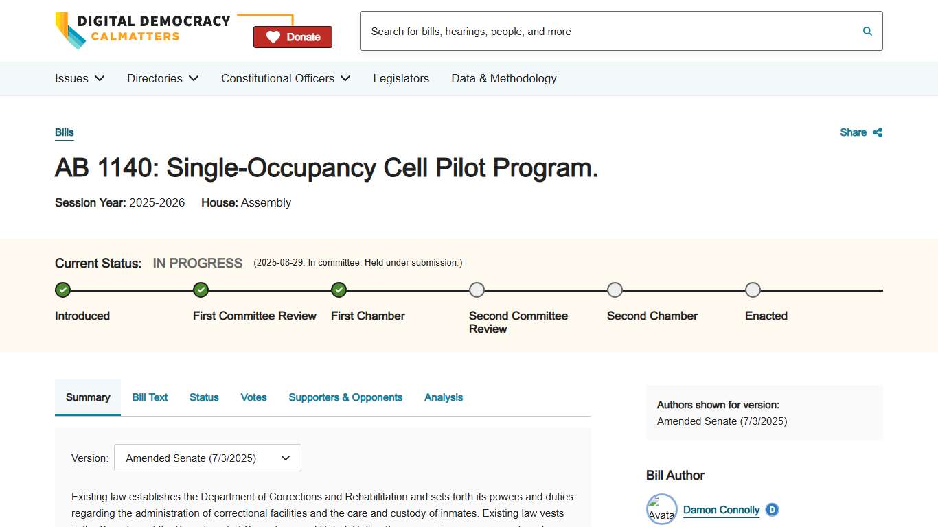 AB 1140: Single-Occupancy Cell Pilot Program. Digital Democracy